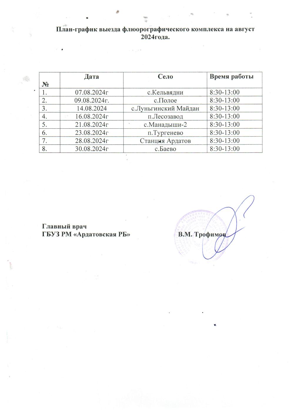 План-график выездов мобильного флюорографического комплекса на Август 2024 г.