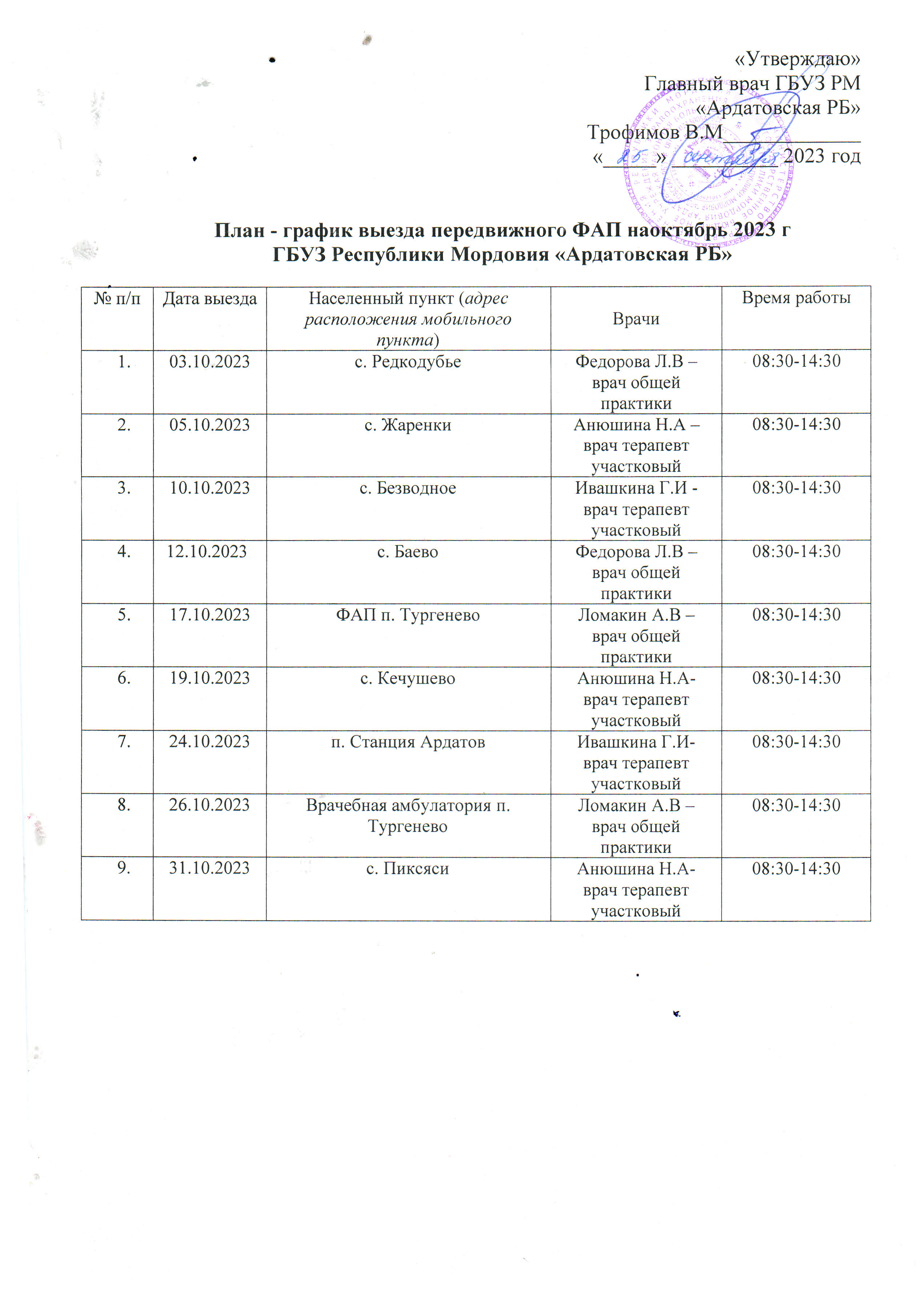 План-график выезда передвижного ФАП на Октябрь 2023 г. - ГБУЗ Республики  Мордовия «Ардатовская РБ»