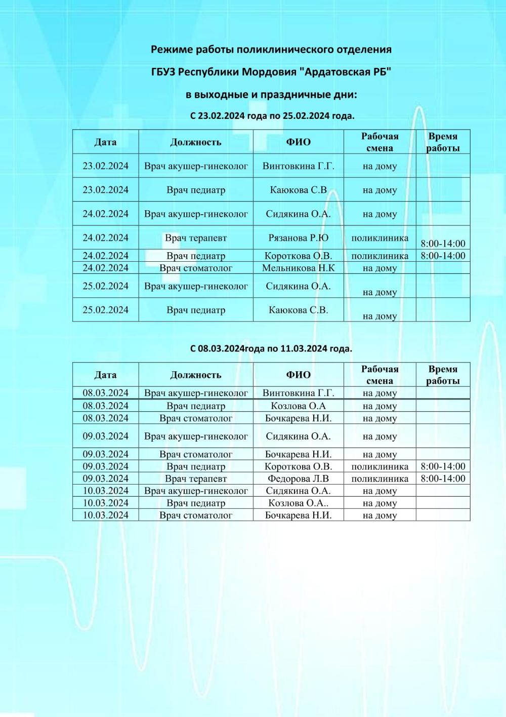 Работа поликлиники в выходные и праздничные дни: с 23.02.2024 года по  25.02.2024 года и с 08.03.2024 года по 11.03.2024 года. - ГБУЗ Республики  Мордовия «Ардатовская РБ»